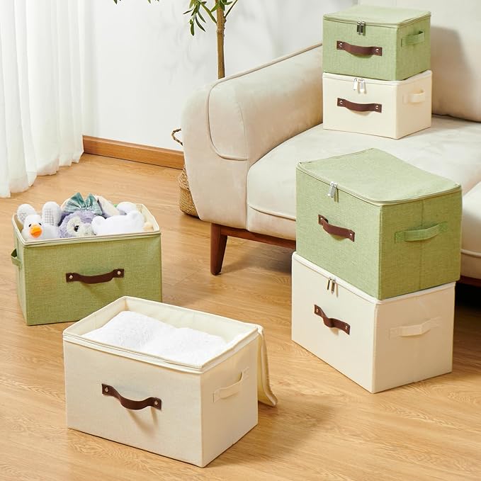 2 Pack Storage Bins with Zipper Lid Cotton Linen Fabric Lidded Storage Baskets Boxes Foldable Washable Closet Shelf Clothes Organizer Container with PU Leather Handles (Beige, Large Size)