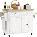 HOMCOM Kitchen Island Cart with Solid Wood Top, 44" Mobile Kitchen Island Table on Wheels with Storage Cabinets, 2 Drawers, Adjustable Shelves, Spice Rack & Towel Bar for Dining Room, Cream White