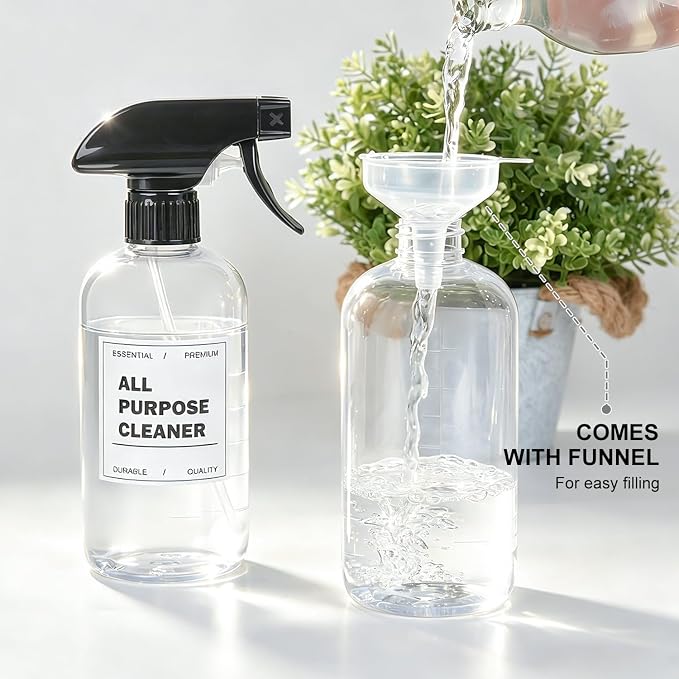 Spray Bottles 16oz 2 pack — 360° Any-Angle Spraying, Mist & Stream Plastic Empty Water Sprayer, with Measurements & Weighted Straw, Leak-Resistant for Cleaning Solutions, Planting, Hair + Funnel
