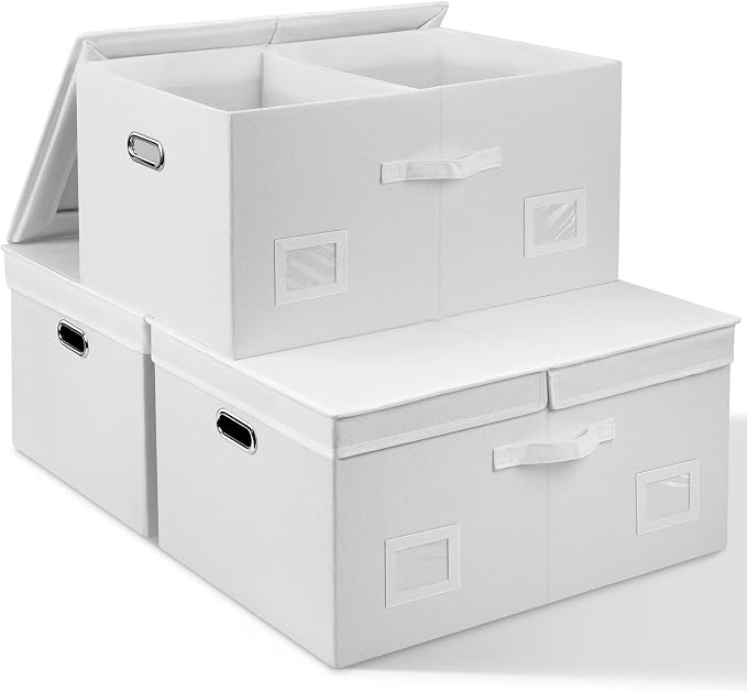 Graciadeco 75 Quarts Extra Large Decorative Storage Bins with Lids, 3 Packs White Collapsible Storage Bins with Lids, Stackable Storage Bins Decorative Box Storage With Lid Extra Large