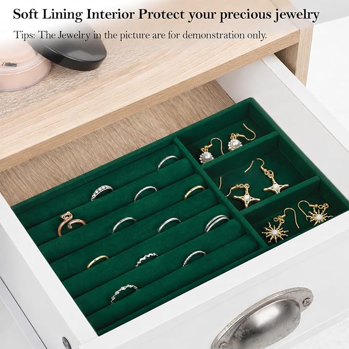 Jewelry Box Insert Organizer for Drawer Stackable Velvet Trays 8.3 x 4.9in | Jewelry Drawer Inserts, Ring Earring Stud Necklace Holder Display Storage Case(Green)