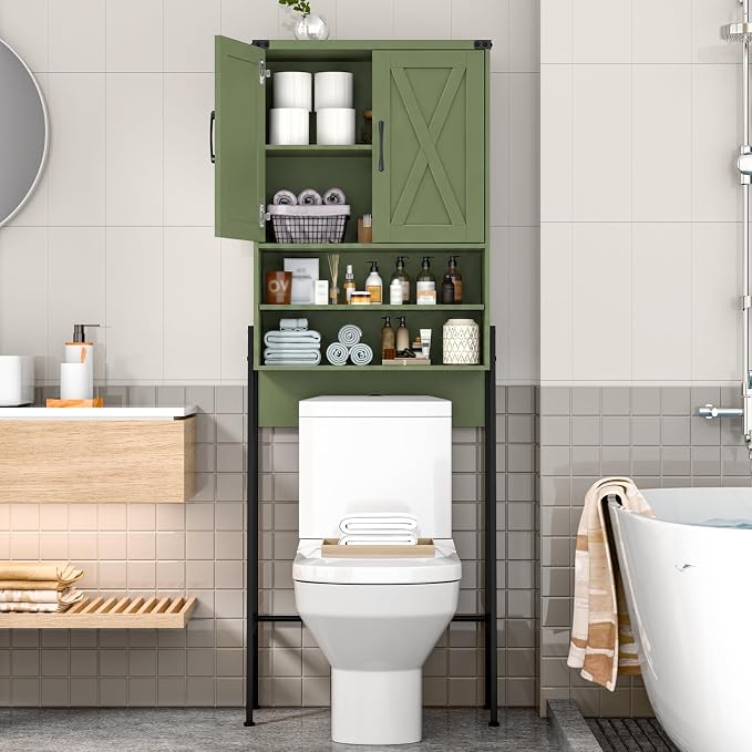 Vabches Over The Toilet Storage Cabinet, Farmhouse Over Toilet Storage Cabinet, Metal Frame with 2 Barn Doors, Home Space-Saving Toilet Rack for Bathroom, Toilet, Laundry Room.Green
