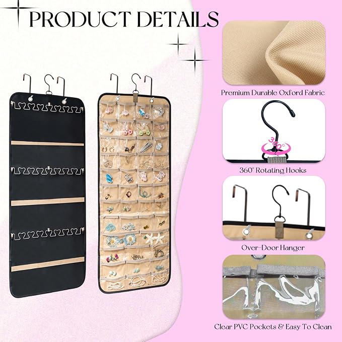 Jewelry Hanging Organizer, Oxford Fabric Jewelry Holder with Pockets & Metal Hooks, Wall Mount Door Hanging Storage for Necklaces, Earrings, Bracelets, Large Travel Closet Organizer for Women