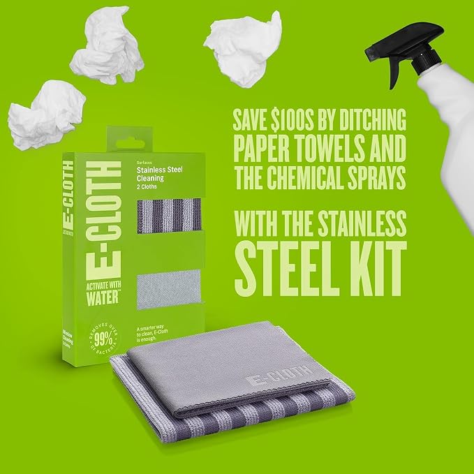 E-Cloth Stainless Steel Microfiber Cleaning Cloth Pack - Glass & Polishing + Stainless Steel Cleaner Cloth for Appliances, Cars & More, Reusable & Washable Microfiber Towels, Cleans with Water