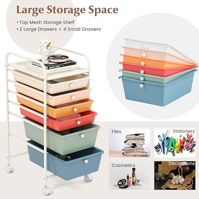 DREAMADE Rolling Cart With Storage Drawers, Utility Cart With Removable Plastic Drawers, Lockable Wheels for Classroom Organization, Art Supplies, Office, Scrapbook (6 Drawers, Macaron)