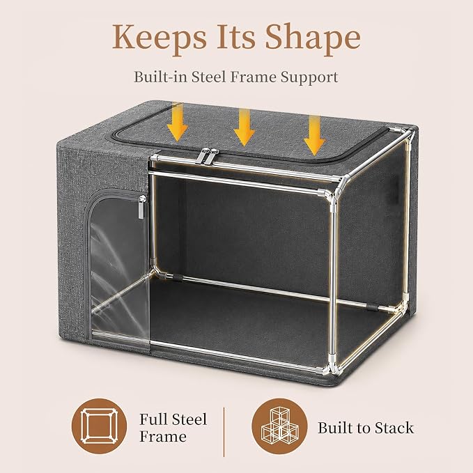 GoMaihe 3 Opening Clothes Storage Bins with Metal Frame, 40L Sweater Storage Organizer for Upper Shelf Closet Storage Boxes with Clear Window for Hoodies Jeans Towel 3-Pack Grey