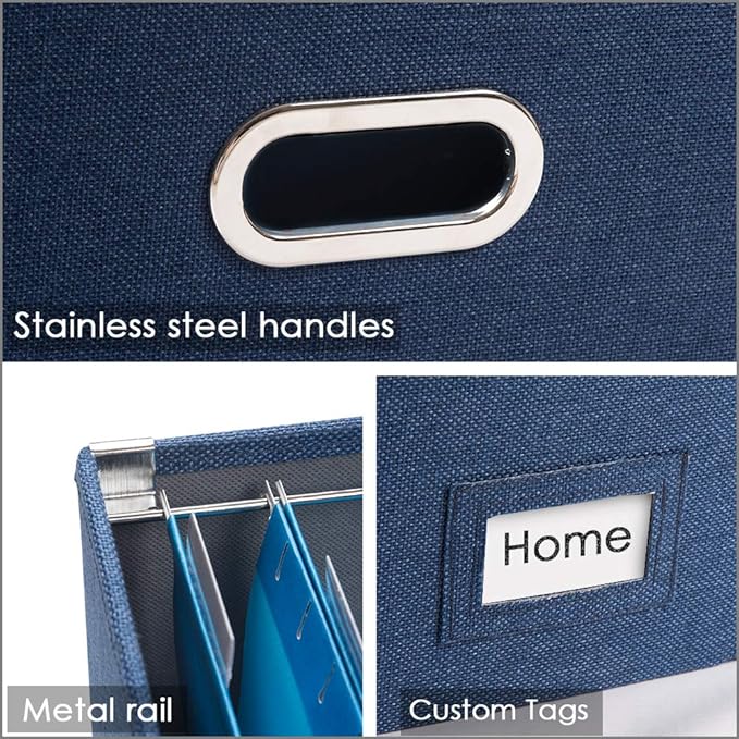PRANDOM File Organizer Box - Set of 4 Collapsible Decorative Linen Filing Storage Hanging File Folders with Lids Office Cabinet Letter/Legal Size Navy Blue 17.1x14x11.1 inch