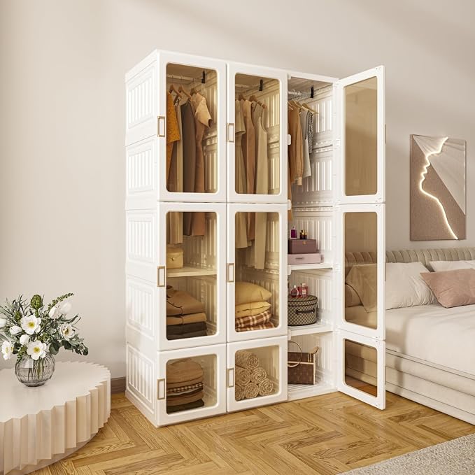 ANTBOX Portable Wardrobe Closet Storage Organizer for Clothes,Transparent Door Panels,Suitable for Living Room, Bedroom,Plastic Wardrobe with Magnetic Door and Easy Assembly (3 Hanging Rod)