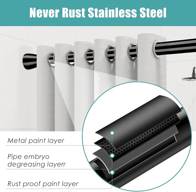 AIZESI Black Shower Curtain Rod 43 to 73 Inch Spring Tension Curtain Rod, Never Rust, Curtain Rods No Drilling, Adjustable Curtain Rods for Window, Bathroom, Kitchen, Doorway
