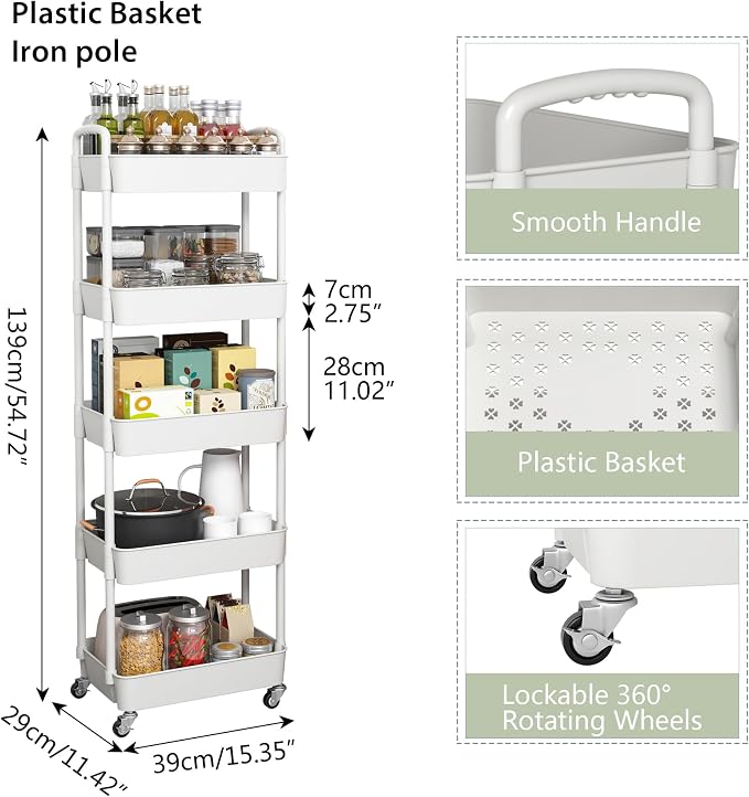 Sywhitta 5-Tier Plastic Rolling Utility Cart with Handle, Multi-Functional Storage Trolley for Office, Living Room, Kitchen, Movable Storage Organizer with Wheels, White