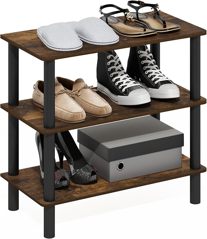 Furinno Turn-N-Tube 3-Tier Toolless Narrow Shoe Rack, Amber Pine | 11.7 x 23.6 x 21.9, Small Shoes Organizer, Shoe Rack Storage with Freestanding Organizer, for Closet Entryway, Office, Garage