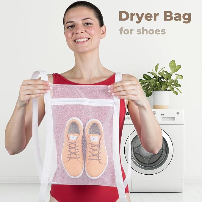 Shoe Dryer Bag, Mingting 2 Pack Large Wash Dry Net Bag 15.7x15.7 Inch for Sneaker Shoes Laundry Dryer Bags with Zipper and Strap for Most Dryers Door,White