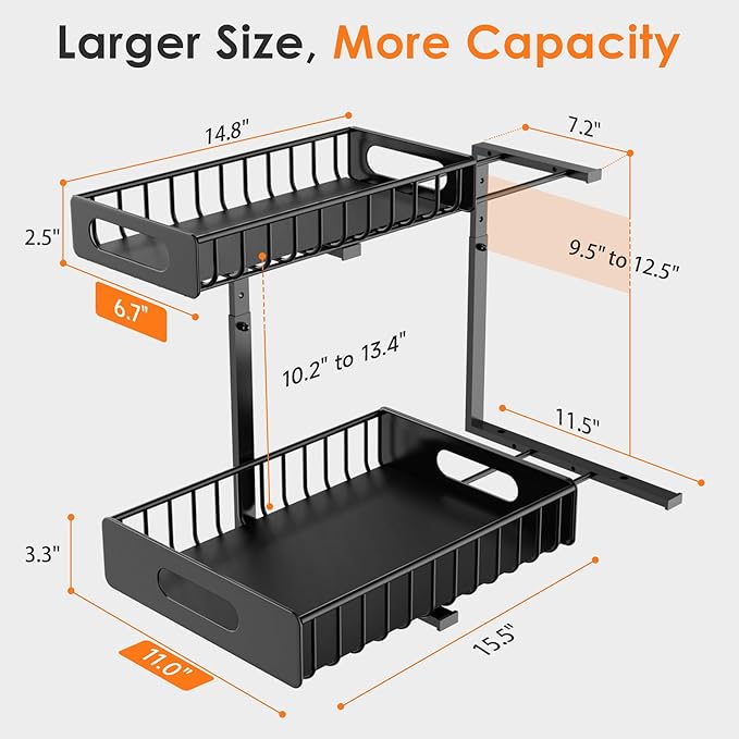 HBL' 2-Pack Large Metal Under Sink Organizer, 2-Tier Slide-Out Under the Kitchen Sink Organizer and Storage,Height Adjustable Under Sink Storage Shelves for Bathroom.