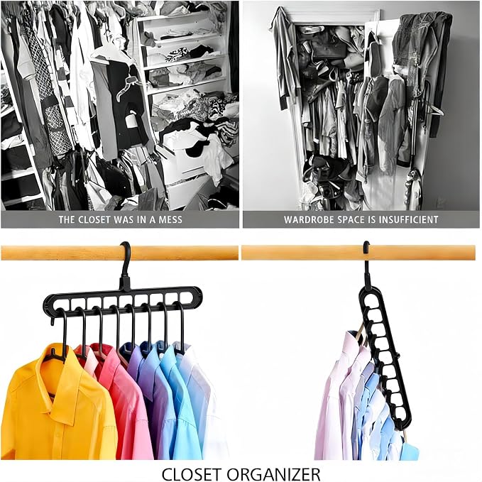 9 Space-Saving Hangers Heavy-Duty PP Plastic Tiered Hanger Organizer with Non-Slip Foldable Design, for Closet (Black, 10)