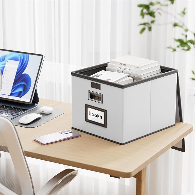 File Organizer Box with Lid, Collapsible Faux Leather Hanging File Folder Box Organizer with Plastic Slides, Decorative Home/Office Filing System Boxes for File and Folders Storage