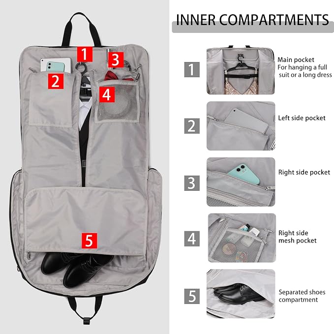 BESMART Garment Bags for Travel, 51" Large Suit Bag for Business Trips | Waterproof,Hangs 3 Suits,Foldable,Wrinkle Free Spacious Luggage Suit Cover,Adjustable Strap,Carry On Flight Approved,Grey