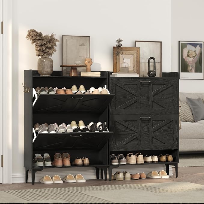 MAHANCRIS Shoe Storage Cabinet, Shoe Organizer with 2 Flip Drawers, Hidden Shoe Storage for Entryway, Freestanding Shoe Cabinet Organizer with Open Storages, Black SHHB9401