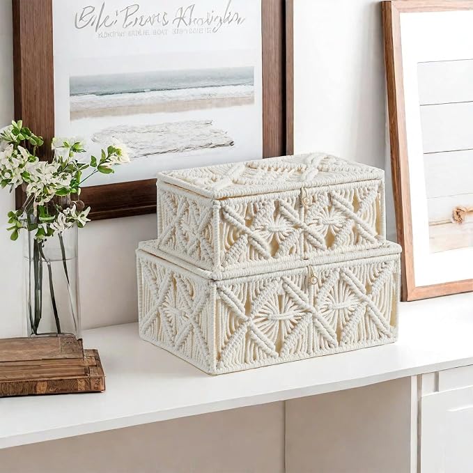 Decorative Boho Storage Baskets with Lid Bohemian Macrame Jewelry Box Handmade Natural Cotton Rope Woven Bins Memory Keepsake Photo Makeup Organizer Shelf Container (Off White, Large)