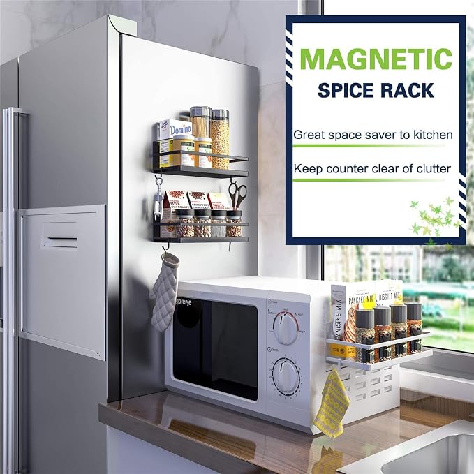 Magnetic Spice Rack, AUVAHOX Strong Magnetic Shelf with 4 Removable Hooks, Perfect Space Saver for Small Kitchen/ Apartment, Awesome Metal Cabinet for Holding Spices, Jars, Bottle(White, 2Pack)