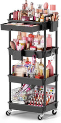 Goovilla Rolling Makeup Organizer Cart with Removable Drawer, 4 Tier Stable Black Floor Skincare Storage Cart for Vanity, Cosmetic Display, Nail Polish, Perfume, Hair Stuff, Beauty, Bathroom(Plastic)