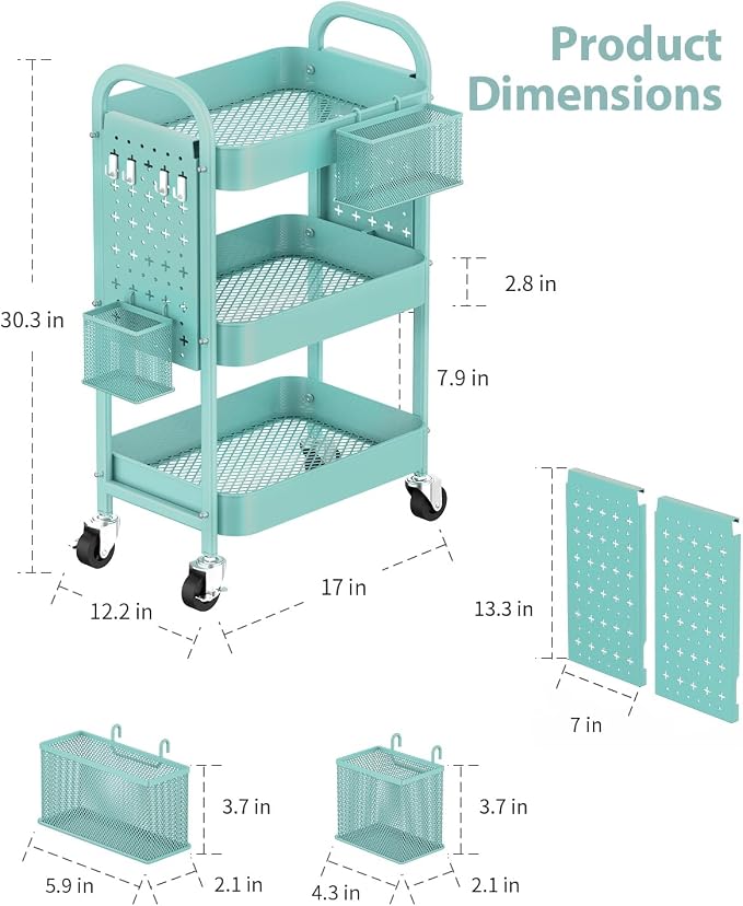 ALVOROG 3 Tier Metal Rolling Utility Cart with Pegboards,Baskets,Hooks,Blue | More Storage Craft Cart with Pegboards,Lockable Wheels,Hooks & Baskets to Organize Kitchen,Office,Bedroom and DIY Supplies