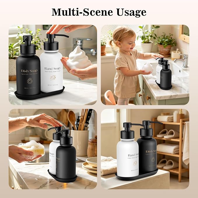 16.9 Oz Glass Foaming Soap Dispenser 2 Pack (Black+White) | Refillable Hand & Dish Soap Pump, With Silicone Tray & 8 Waterproof Labels, For Bathroom & Kitchen，Perfect Housewarming Gift