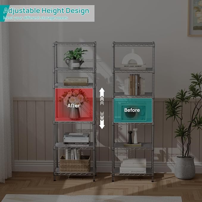 SINGAYE Metal Shelves Wire Shelving Storage Standing Adjustable Shelf Unit | 6 Tier Mesh Units Shelf for Kitchen Laundry Bathroom Closet Organizers Pantry Narrow Home Rack 10" D x 16" W x 63" H Gray