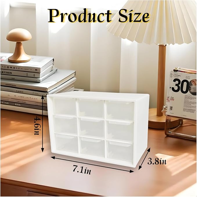 Small Drawer Organizer for Desk, 7.1" x 3.8" x 4.6" Mini Desktop Drawer Organizer with 9 Clear Drawers, Compact Craft & Office Supplies Organizer for Home School (White)