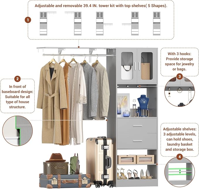 5FT Closet System with Doors and Wooden Drawers, 60'' Reversible Closet Organizer System with Big Wing Shelf and Hanging Rod, 80'' Tall Walk in Wardrobe Closet System with Shelves & Hooks, Grey