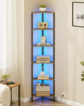 TUTOTAK Corner Shelf with LED Light, 6-Tier Corner Bookshelf for Small Space, Narrow Display Corner Shelf Stand with Storage Rack, for Living Room, Bedroom, Rustic Brown BS05BB006L