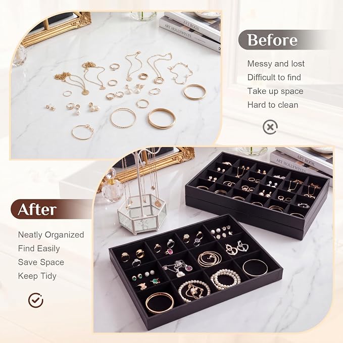 Unittype Set of 4 Stackable Jewelry Organizer Tray for Drawer Inserts Velvet Necklace Earring Bracelet Ring Holder Jewelry Display Storage Box for Bangle Stud Necklace Ring(24+12 Grid,Black)