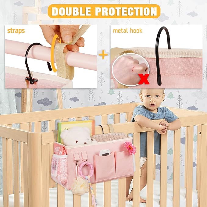 Lilithye Bedside Caddy Bedside Organizer Bedside Storage Caddy with Fixed Straps and Water Bottle Holder for Home College Dorm Bunk Bed Hospital Bed Crib Bed Rails (New Pink)