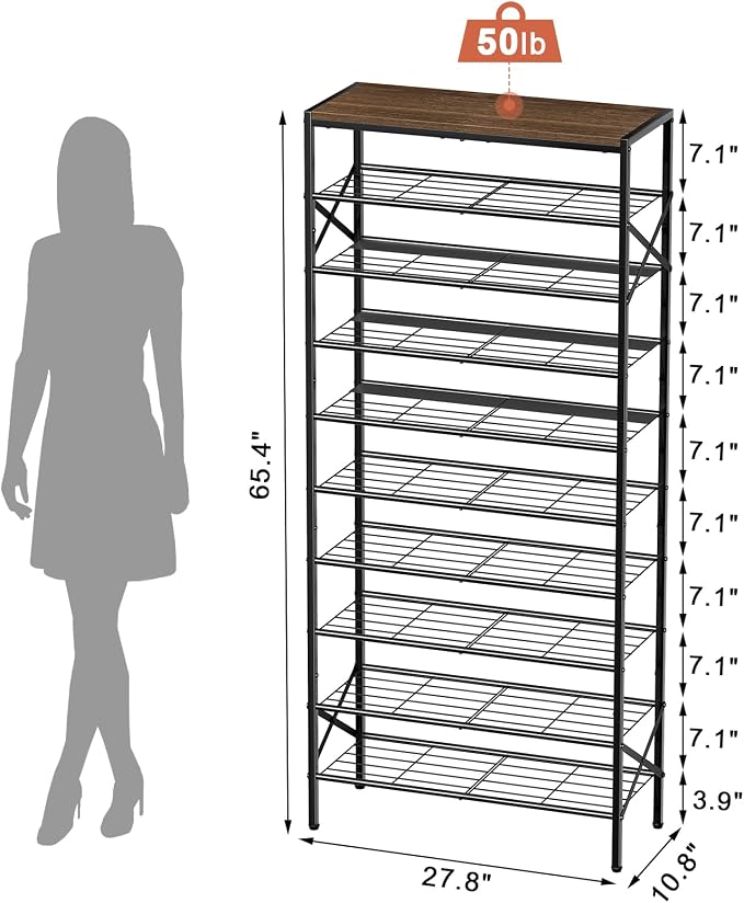 10-Tier Tall Shoe Rack Organizer Shoe Storage for Entryway 30-40 Pairs Metal Shoe Rack for Closet Heavy-Duty Shoe Rack with Wooden Top Shelf for Garage Rustic Brown