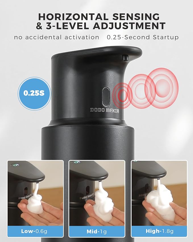 Automatic Foaming Soap Dispenser Touchless, 304 Stainless Steel Bottle Body | 16.2oz/480ml,USB Rechargeable, 3 Adjustable Liquid Levels, IPX7 Waterproof, for Kitchen Bathroom, Black