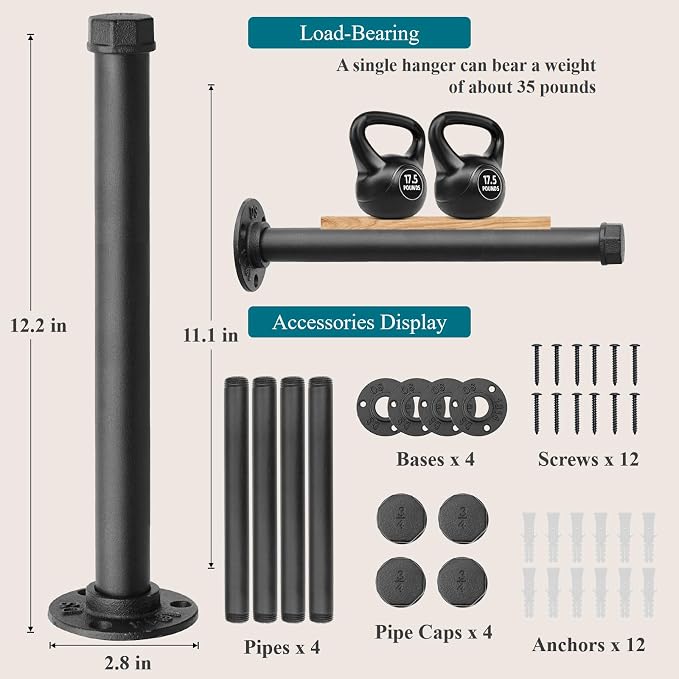 Cast Iron Wall Mounted Clothes Rack, Heavy Duty Industrial Pipe Clothing Rack for Hanging Clothes, Garment Racks for Wardrobe Organizers and Storage, DIY Closet Rods Closet Bar (Black 4 Pack, 12 in)