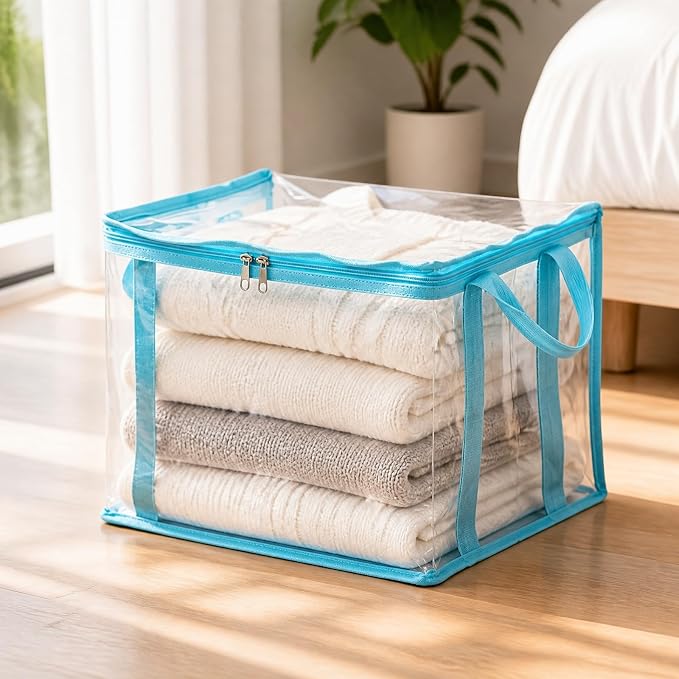 Large Clear Thick Plastic Storage Box with Hinged Lid, Heavy-Duty Durable High Capacity Organizer, Foldable Storage Box,Perfect for Home, Camping, Travel, Attic & Moving (Blue-L-3)
