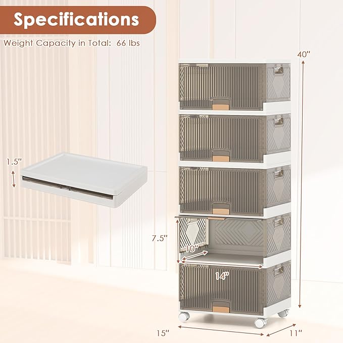Giantex 5 Tier Stackable Storage Bins with Lids, 22.5 Gal Foldable Shoe Storage Box with Detachable Wheels & Flip-Up Doors, Collapsible Closet Organizers and Storage Bins