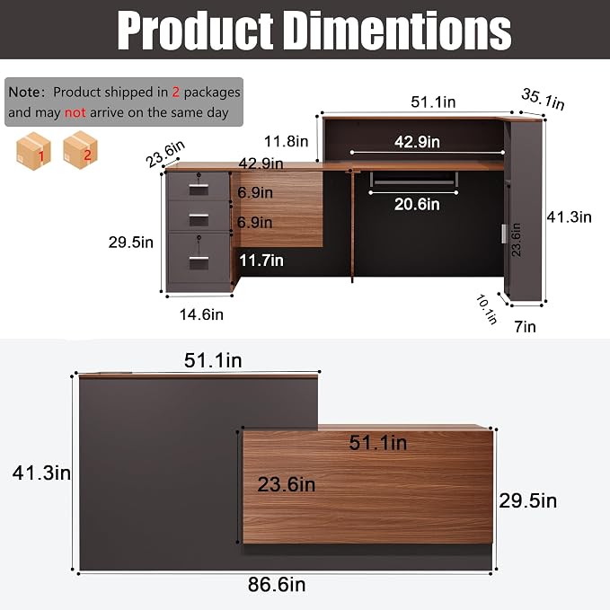 L-Shaped Reception Desk,Large Front Desk with Keyboard Tray, Lockable Drawers & File Cabinet, Receptionist Desk for Checkout,Lobby (Left L-Walnut/Slate Gray, 86.6''L x 23.6''W x 41.3''H)