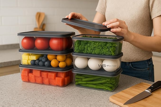 fridge storage containers - transparent storage box and plastic air tight kitchen boxes, stackable refrigerator vegetable container, polythene freezer pantry accessories (Pack of 6)