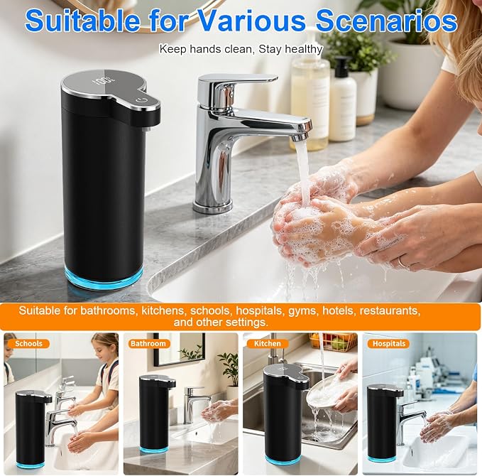Automatic Foaming Soap Dispenser, Touchless Rechargeable Soap Dispenser for Kitchen & Bathroom, Stainless Steel, 4 Adjustable Foam Levels, USB-C, Waterproof, 12oz/350ml(Black)