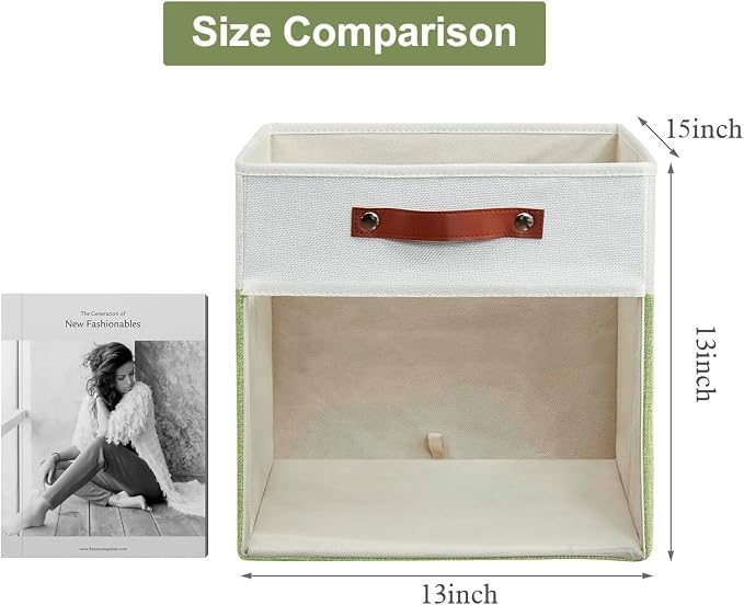 Bagnizer Storage Cubes, 4 Pack Linen Foldable Storage Bins with Clear Window and 2 Handles, 13x15x13 for Shelf Closet, Kallax, Clothes, Books - Green/Off-White