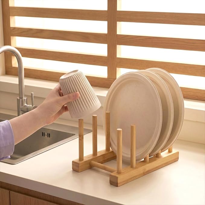 Cutting Board Holder, Bamboo Dish Rack, Vertical Drainer Kitchen Organizer for Cups Bowls Pots Lids Cutting Boards & Plates Space-Saving