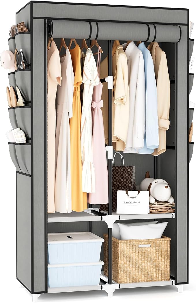 Portable Closet for Hanging Clothes, Portable Wardrobe Closet with Cover, 4 Storage Shelves, 2 Hanging Rods and 8 Side Pockets, Easy Assembly and Sturdy Free Standing Closet for Bedroom, Grey