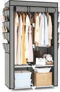Portable Closet for Hanging Clothes, Portable Wardrobe Closet with Cover, 4 Storage Shelves, 2 Hanging Rods and 8 Side Pockets, Easy Assembly and Sturdy Free Standing Closet for Bedroom, Grey
