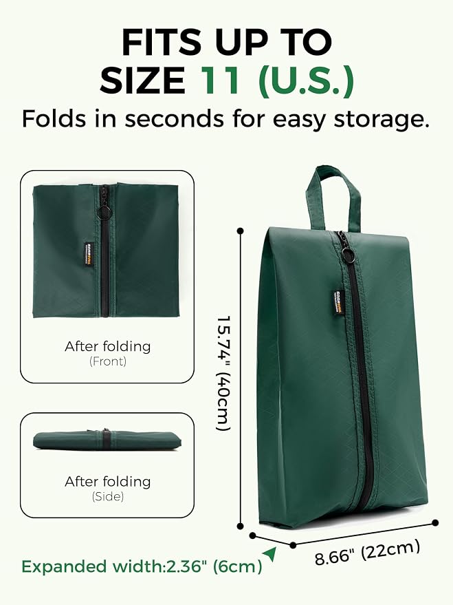 2 Pack Shoe Bags for Travel, Water-Resistant Organizers, Green | 100D Composite Nylon, Translucent Design, Large Capacity, Odor and Dust Protection For Gym, Soccer, Golf, Tennis, Baseball