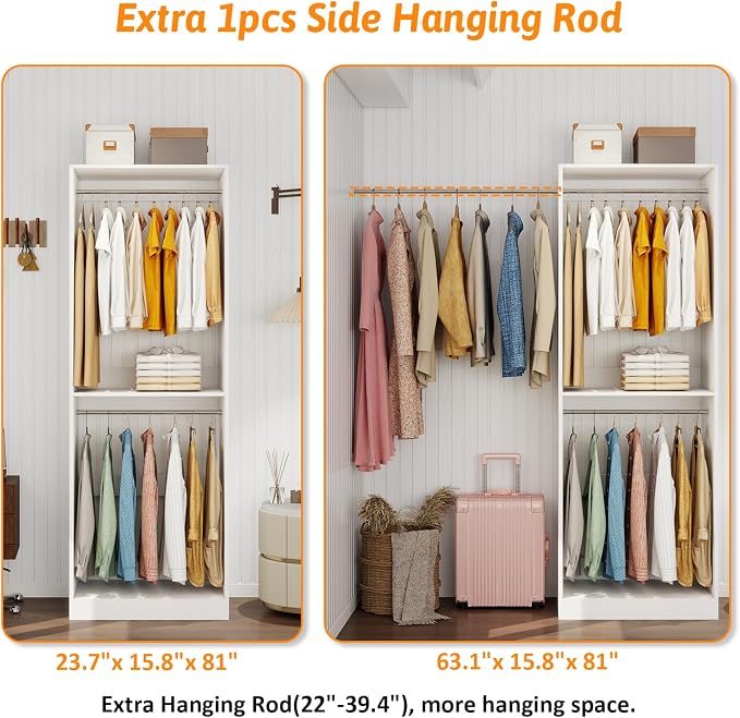 Closet System with 9 Hanging Rods& Shelf , 6FT Small Closet Organizer System Wood with Extra Side Hanging Rod for Walk in Closet Storage, Modular Closet Systems, White(6FT)