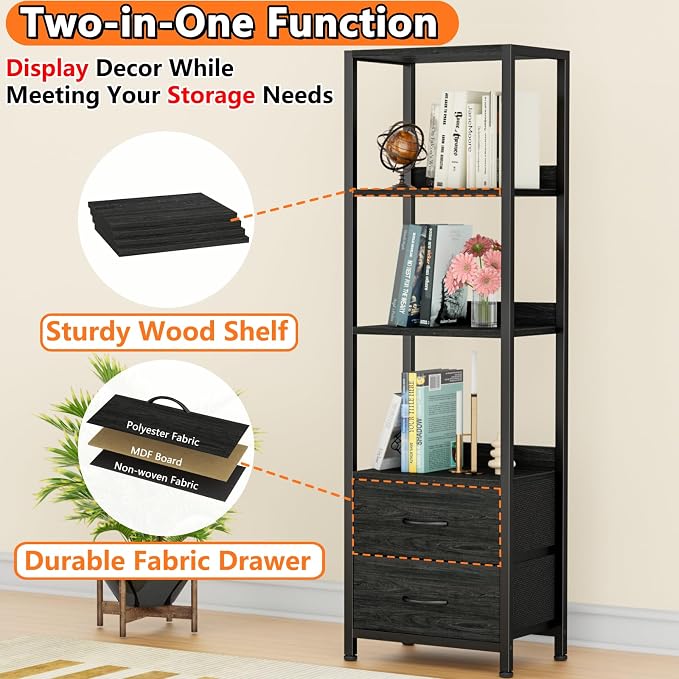 Furnulem 4-Tier Corner Shelf, Bookshelf with 2 Storage Drawers, 57.28”Tall Narrow Bookcase, Standing Shelf Organizer Unit for Living Room, Bedroom, Metal Frame, Wood Display Shelf | 57.28”Tall Bookcase for Bedroom,Living Room,Display Cabinet with Metal...