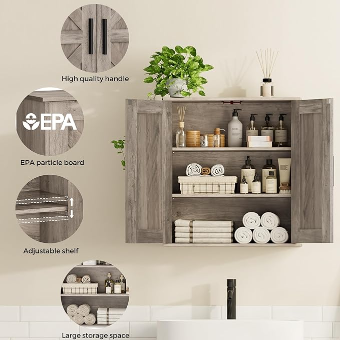 Homleke Bathroom Wall Cabinet, Medicine Cabinet with Adjustable Shelves | 3-Tier Wall Mounted Over Toilet Storage with Barn Doors, for Bathroom, Kitchen, Entryway, Laundry Room, Greige, (7.9" D)
