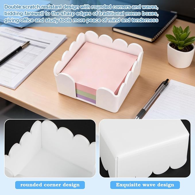 Scalloped Acrylic Sticky Note Holder 3"x3" White Cute Wave Sticky Note Holder Dispenser for Classroom Desk Organizer Accessories for Dorm Room School Office Necessities