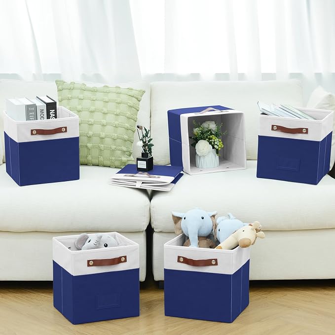 FinishingBo 10.5" x 11" Storage Bins with Labels 6 Pack | PU Leather Handles, Foldable Storage Cubes, Storage Baskets, Closet Storage, White/Blue